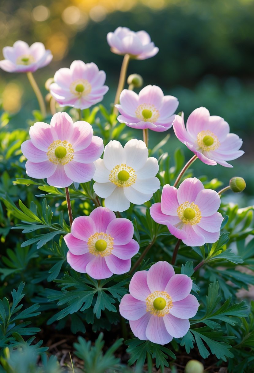 Twelve Japanese Anemone flowers with pink and white petals and yellow centers growing among green leaves in a garden.