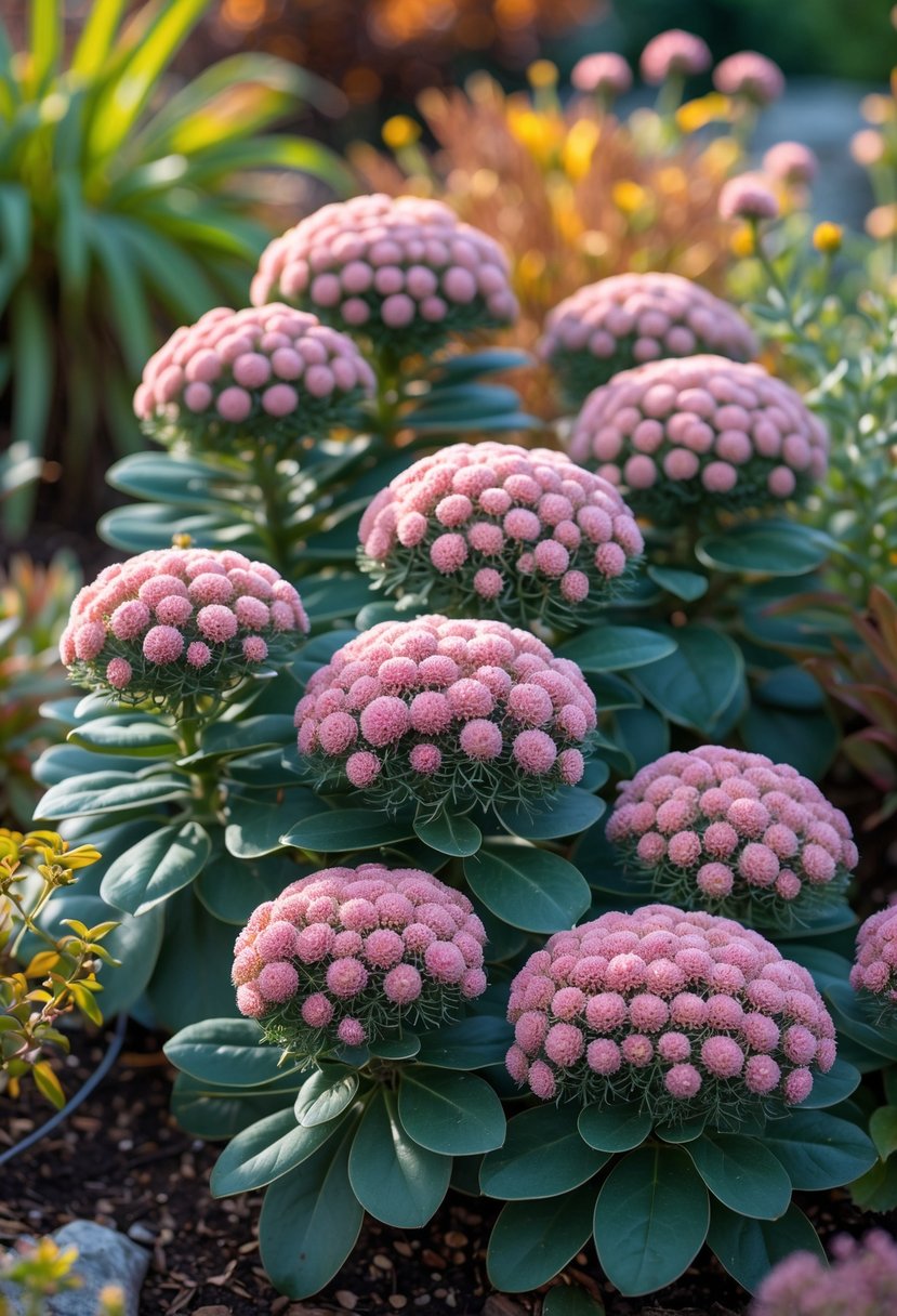 A cluster of twelve Sedum Autumn Joy flowers with pink and rose-colored blooms in a garden setting during early autumn.