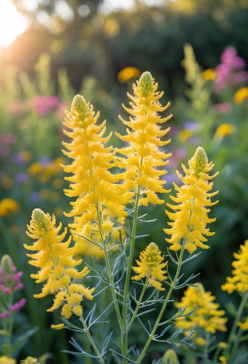 Close-up of bright yellow goldenrod flowers blooming in a garden with green foliage in the background.