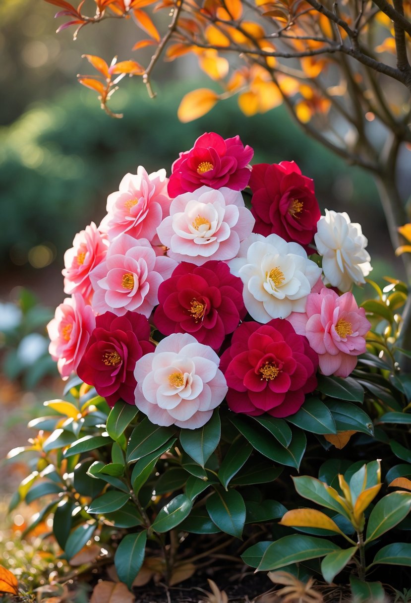 A cluster of 12 blooming camellia flowers surrounded by green foliage and autumn leaves in a garden setting.