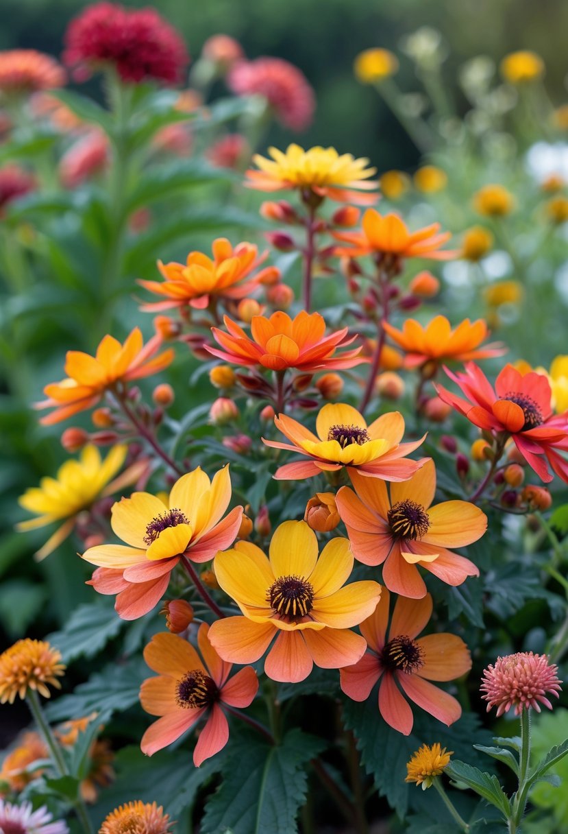 Close-up of blooming Helenium flowers with yellow, orange, and red petals in a garden with green foliage.