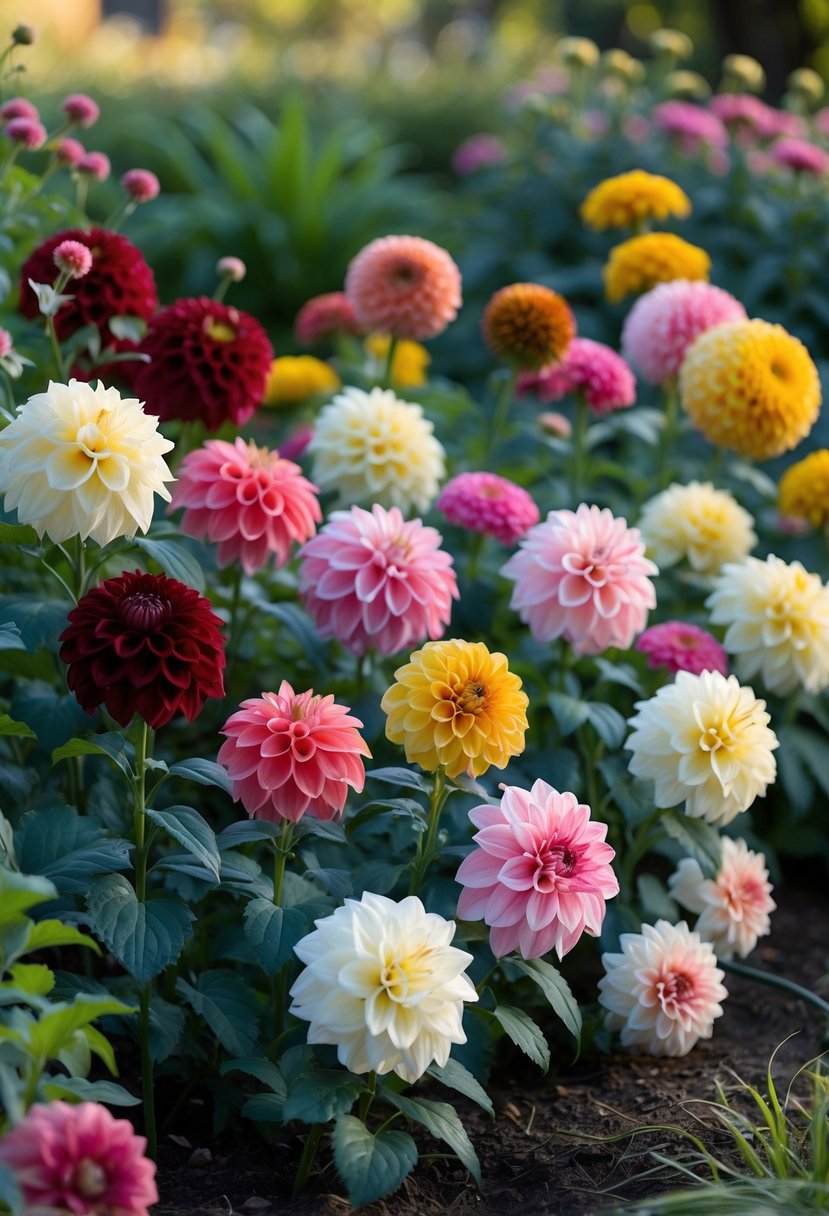 A garden bed filled with twelve colorful dahlia flowers in full bloom surrounded by green leaves.