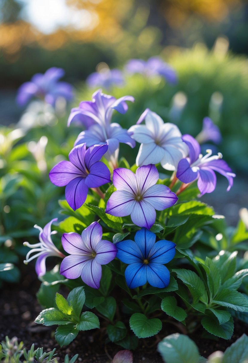 Close-up of blooming Torenia flowers in purple, blue, and white with green leaves in a garden.
