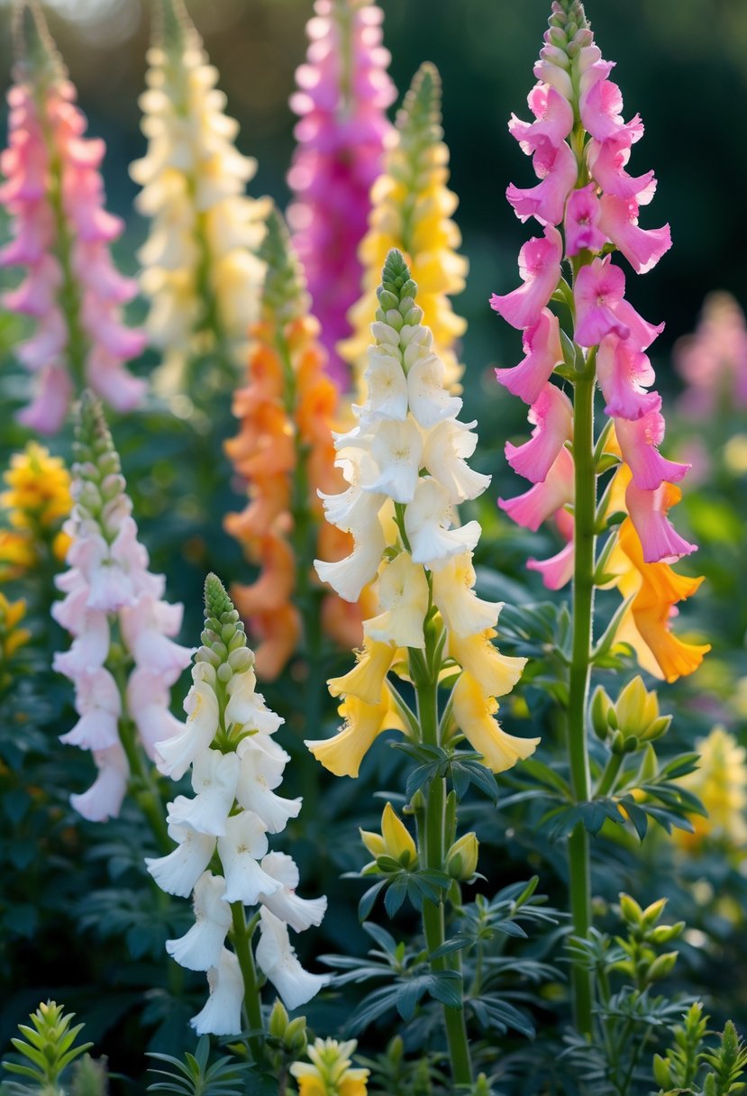 Close-up of colorful snapdragon flowers blooming in a garden with green leaves.