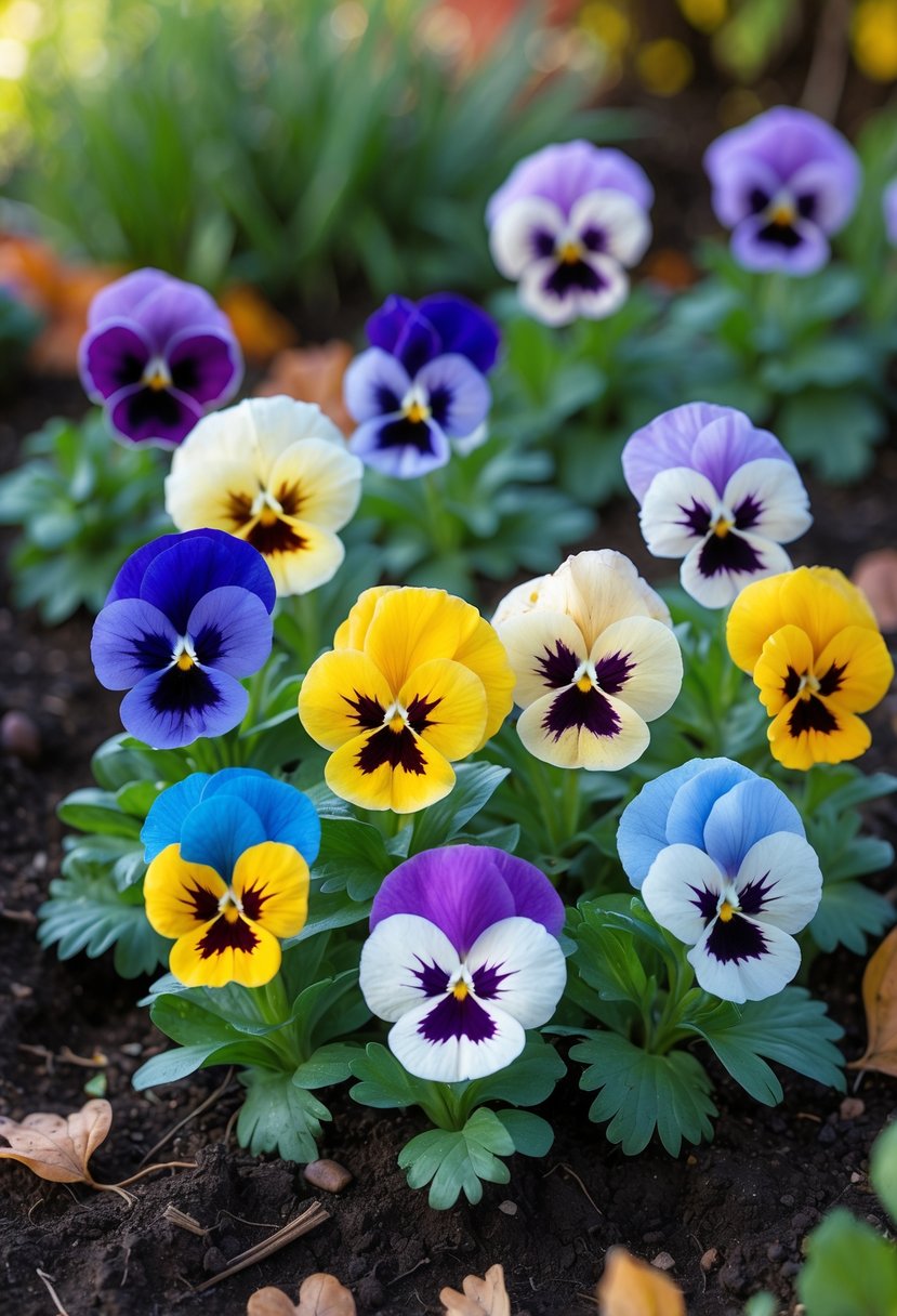 A close-up of twelve colorful pansy flowers blooming in a garden with green leaves and soft sunlight.