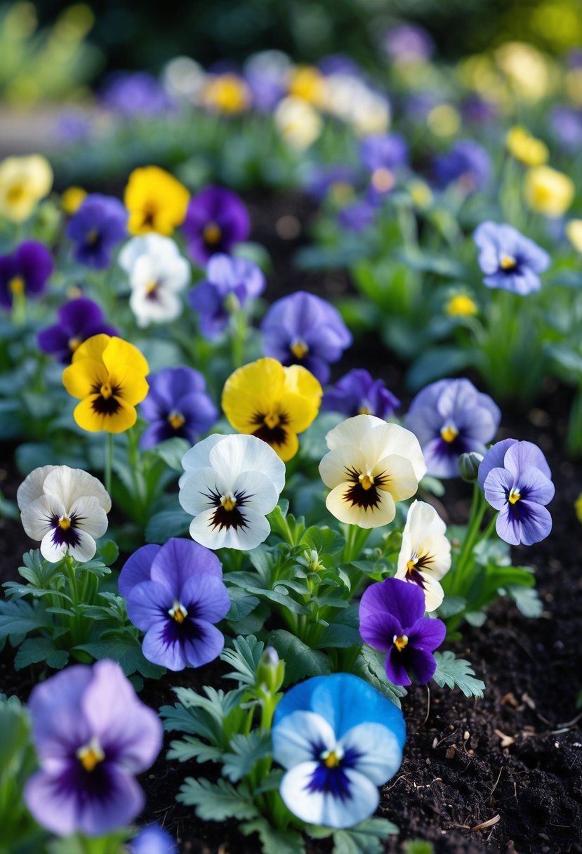 Close-up of colorful violas blooming in a garden bed with green leaves and soil.