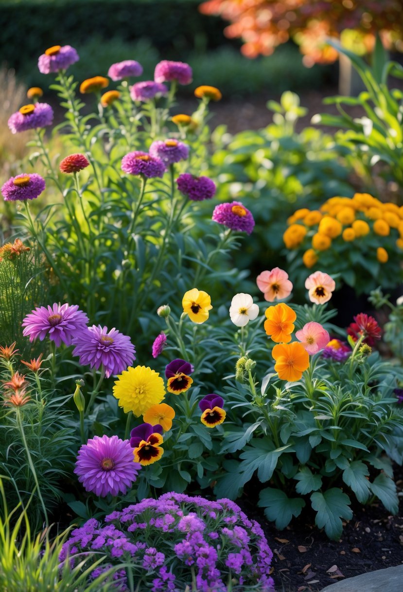 A colorful garden bed filled with various blooming flowers in early autumn with green leaves and warm fall colors in the background.