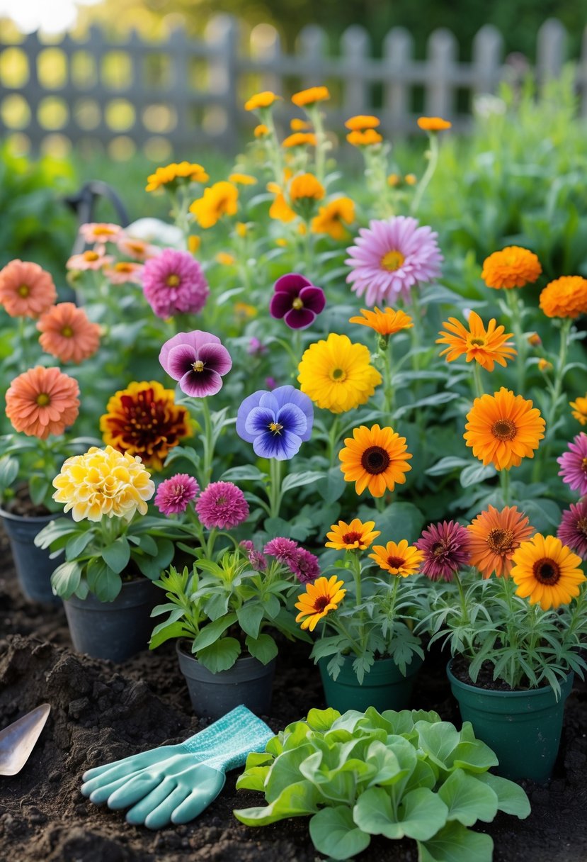 A garden scene with twelve different colorful flowers planted in fresh soil, surrounded by green leaves and gardening tools.