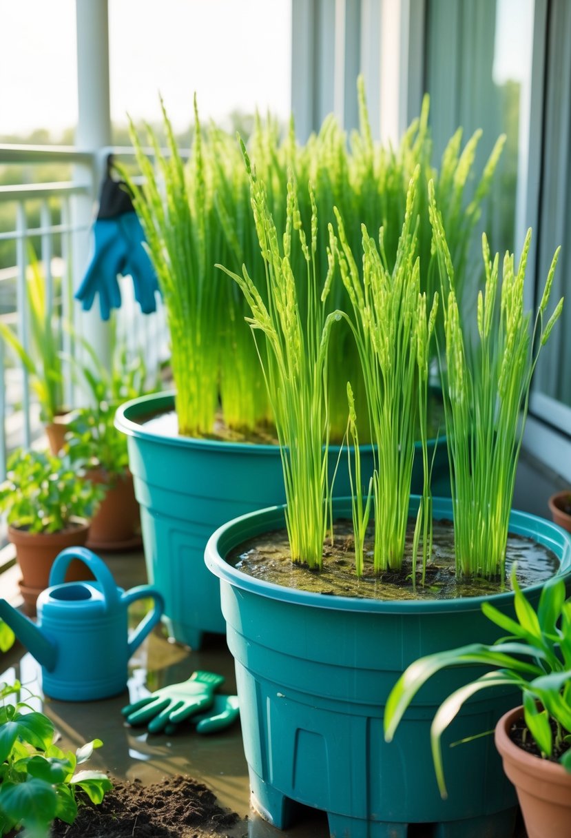 Rice plants growing in containers on a sunny balcony with gardening tools nearby.