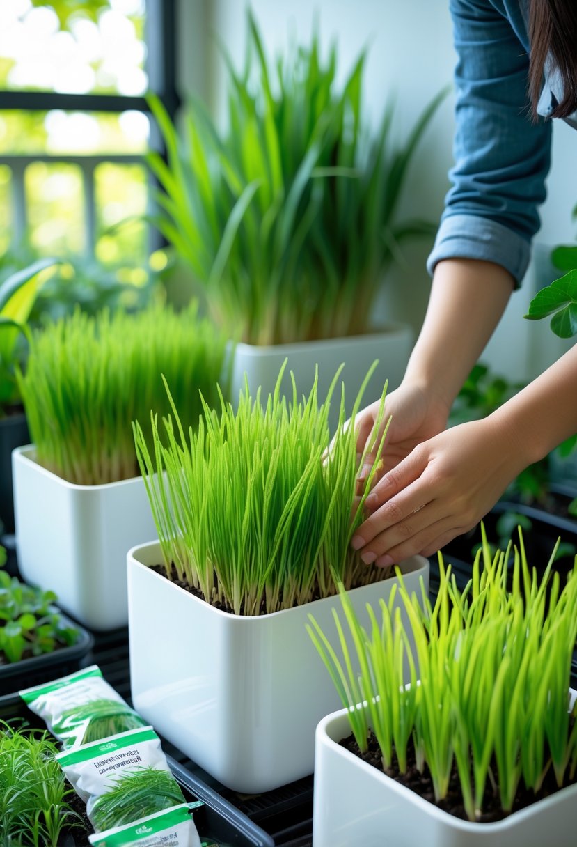 Hands tending to green rice plants growing in containers in a bright home garden setting.