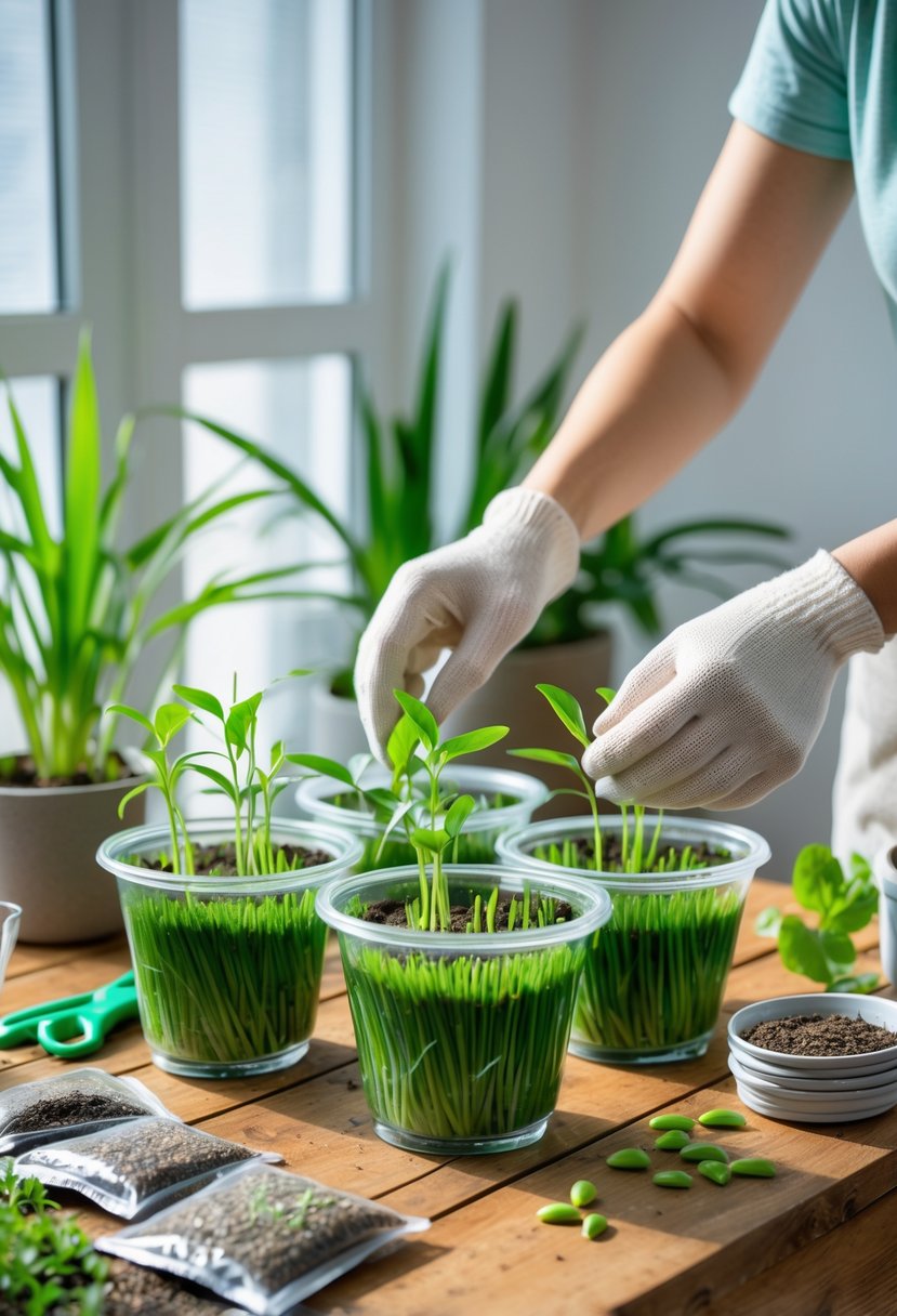 Hands planting young rice seedlings into containers filled with water on a wooden table indoors.