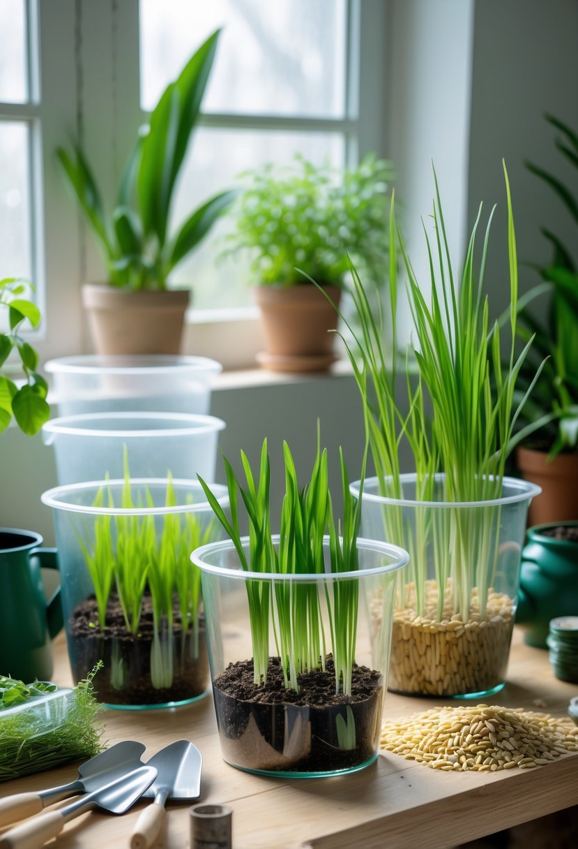Containers showing different stages of rice plant growth from seedlings to mature plants indoors on a wooden surface with gardening tools nearby.
