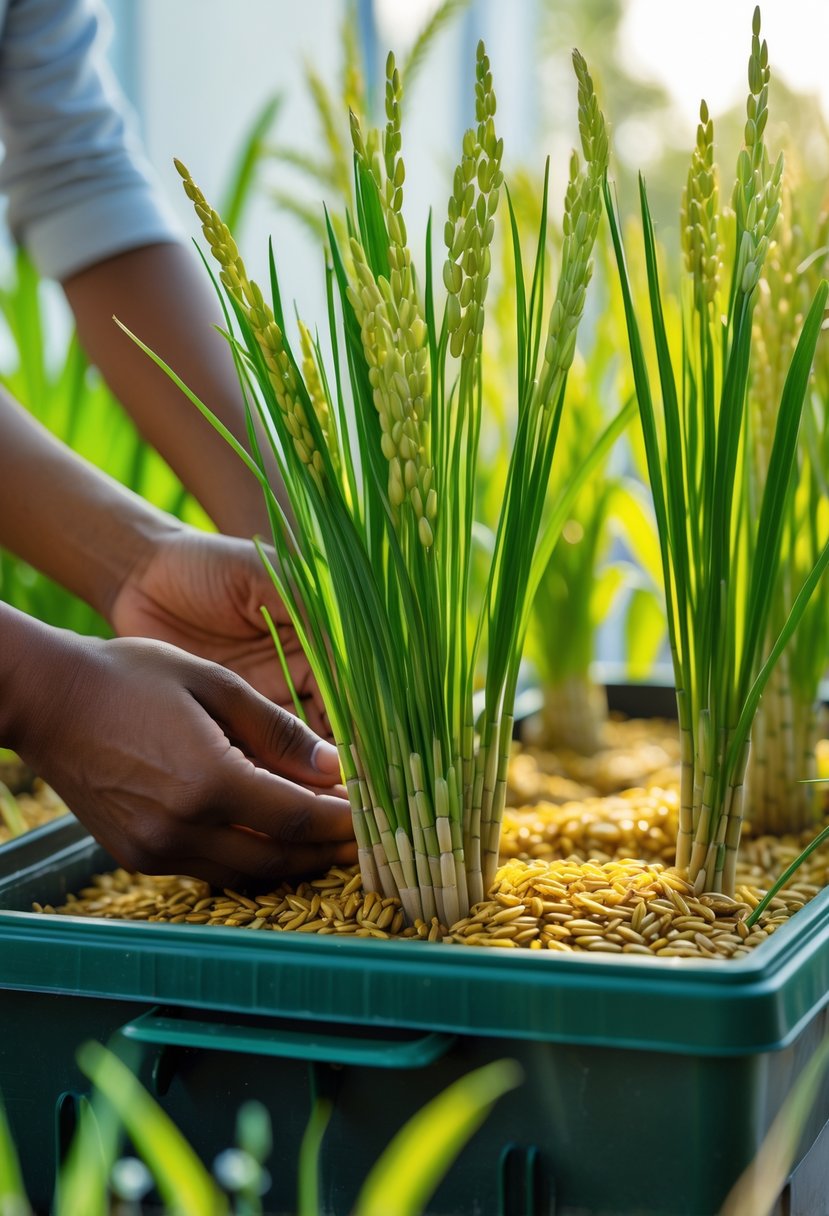 Hands harvesting mature rice plants growing in a container garden at home.