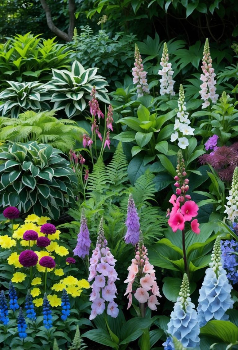 A colorful assortment of 17 shade-loving flowers and green foliage growing together in a shaded garden.