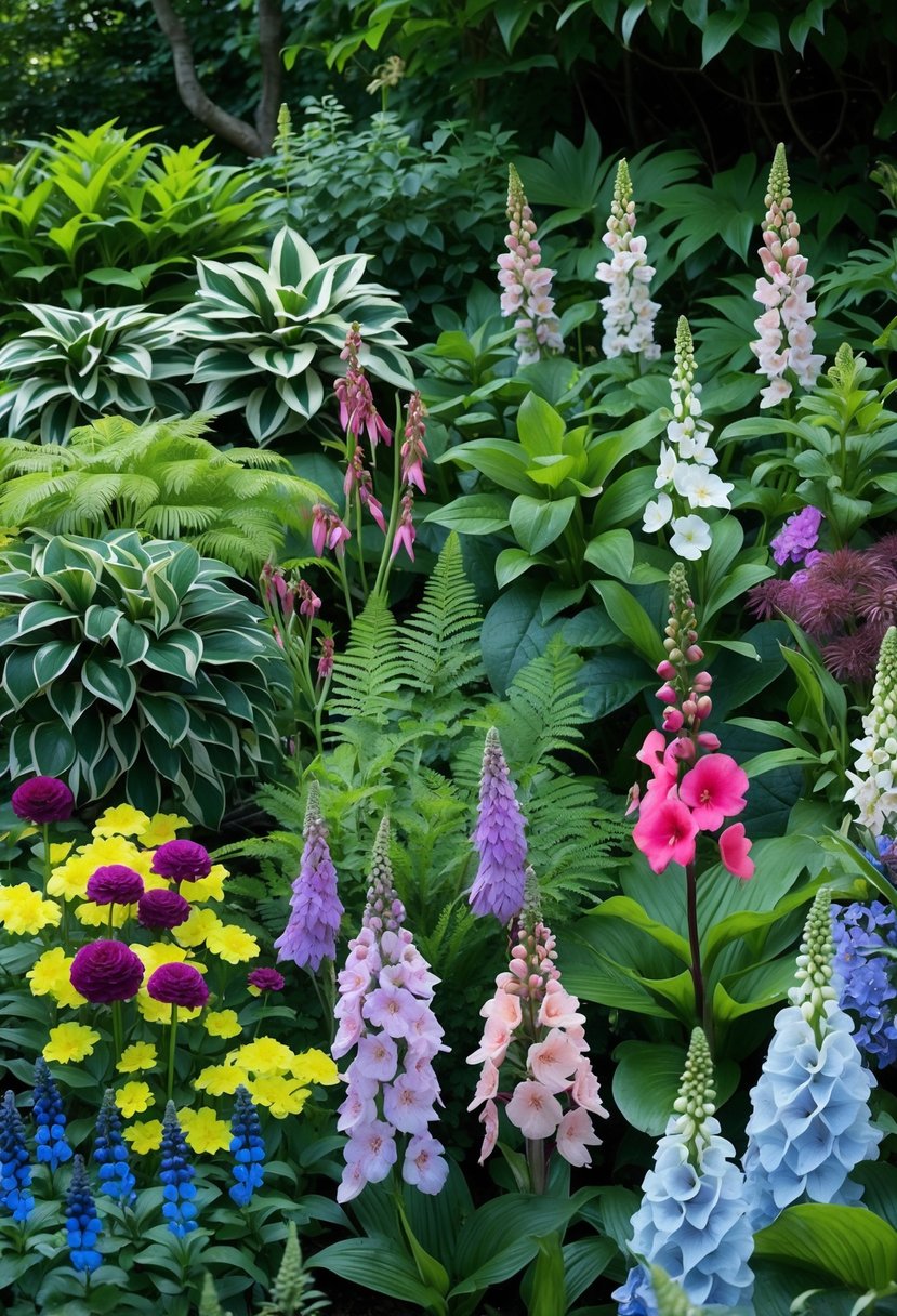 A colorful assortment of 17 shade-loving flowers and green foliage growing together in a shaded garden.