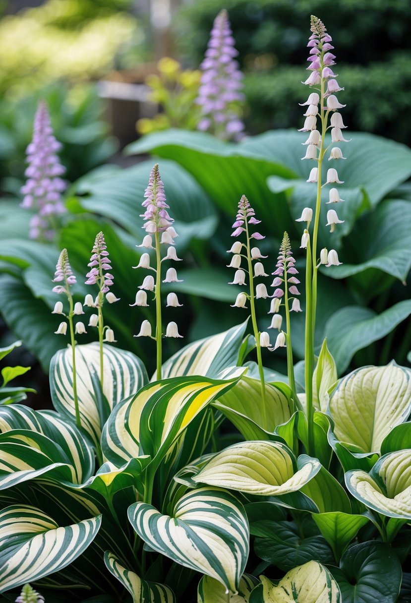 Close-up of lush green hosta plants with broad leaves and pale lavender flowers growing in a shaded garden.