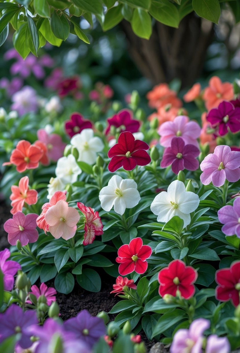 A close-up of colorful impatiens flowers growing in a shaded garden with green leaves surrounding them.