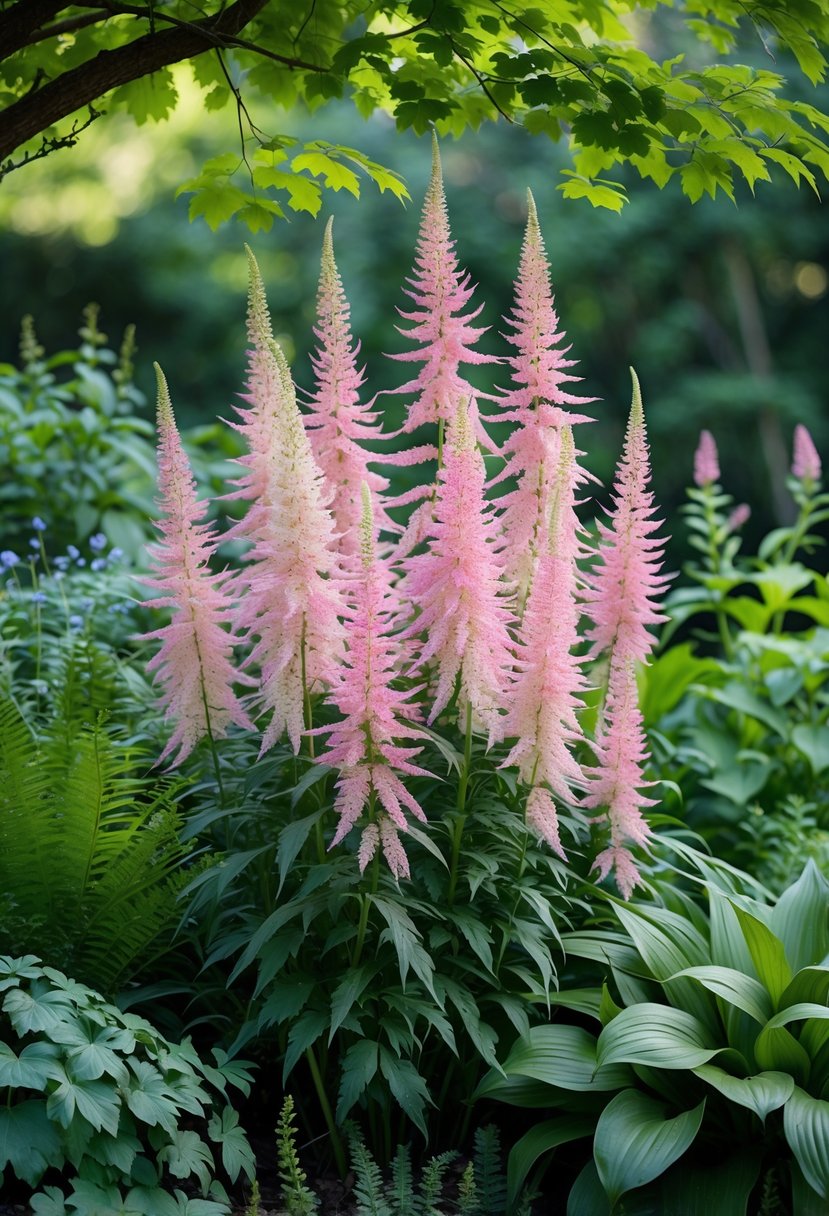 A cluster of pink and white Astilbe flowers surrounded by green shade-loving plants in a shaded garden.