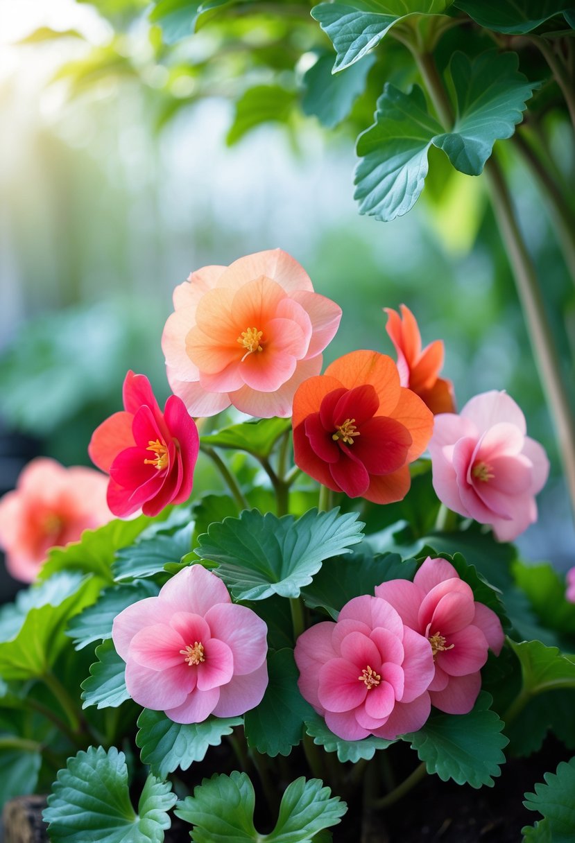 Close-up of colorful Begonia flowers with green leaves in a shaded garden.