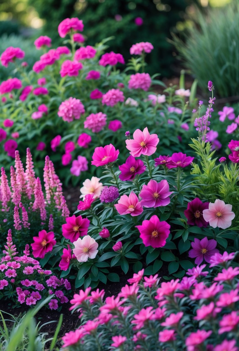 A garden bed filled with various fuchsia-colored flowers growing among green leaves in a shaded outdoor setting.
