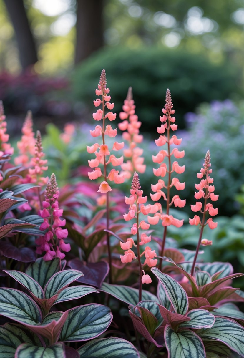 Close-up of coral-pink Heuchera flowers with colorful leaves in a shaded garden.