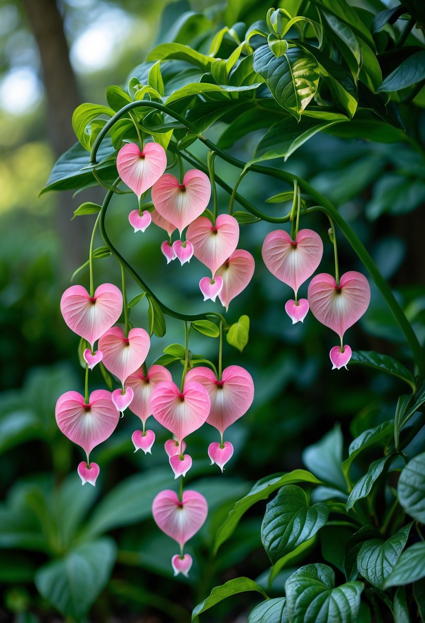 Close-up of pink and white heart-shaped Bleeding Heart flowers hanging from green stems surrounded by green leaves in a shaded garden.