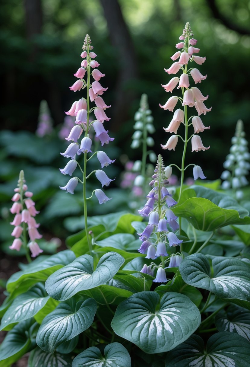 Close-up of Lungwort flowers with pink, lavender, and blue blooms surrounded by spotted green leaves in a shaded garden.