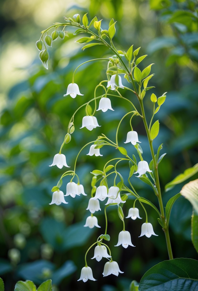 Close-up of Solomon's Seal flowers with arching stems and white bell-shaped blooms surrounded by green leaves.