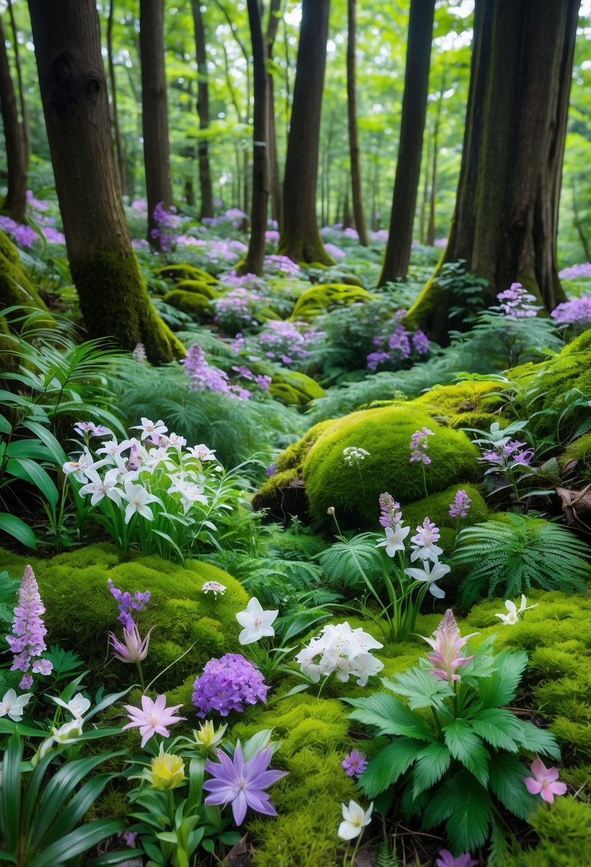 A dense Japanese forest floor filled with various shade-loving flowers and green plants under tall trees.