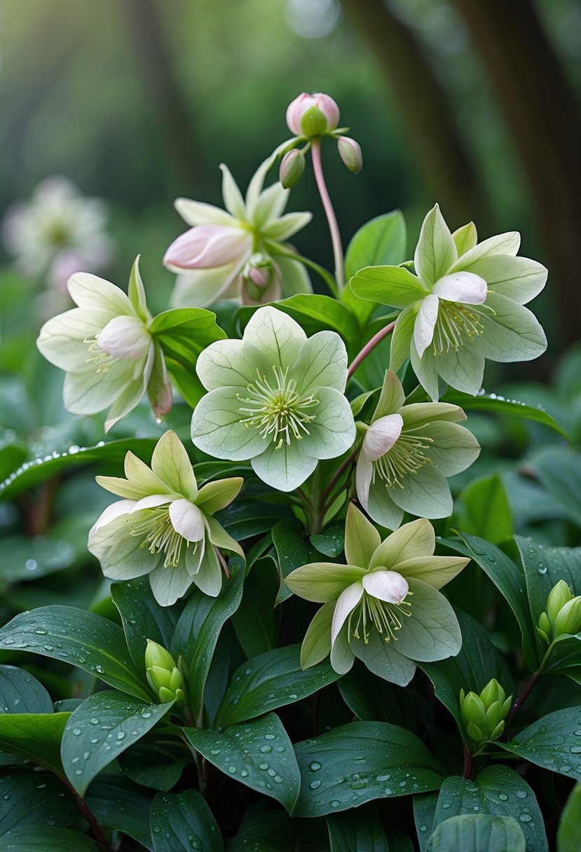 Close-up of hellebore flowers with green leaves in a shaded garden setting.