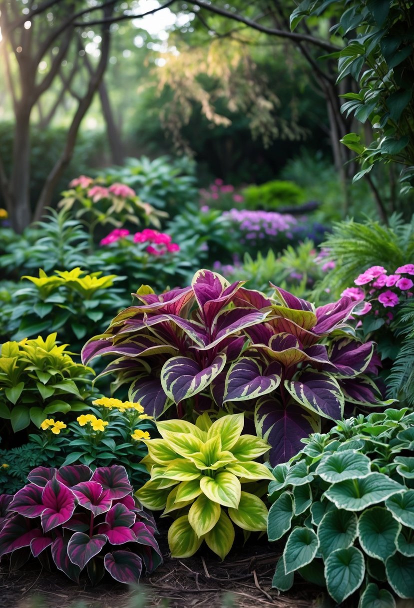 A shaded garden area filled with a variety of colorful shade-loving flowers and plants, including vibrant coleus with multicolored leaves and other blooming flowers surrounded by green foliage.
