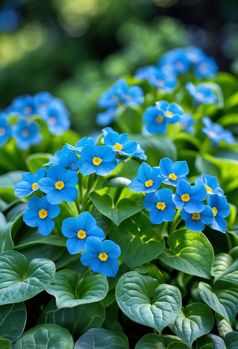 Close-up of blue Brunnera flowers with green leaves in a shaded garden.