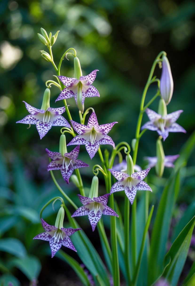 Cluster of purple and white spotted Toad Lily flowers hanging from green stems in a shaded garden with green leaves in the background.