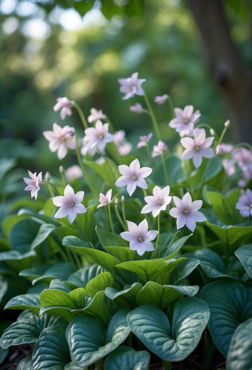 Cluster of white Foamflower plants with green leaves growing in a shaded garden area.