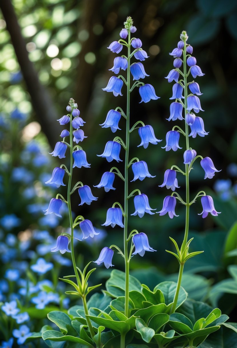 Close-up of blue-violet Jacob's Ladder flowers with green leaves in a shaded garden setting.