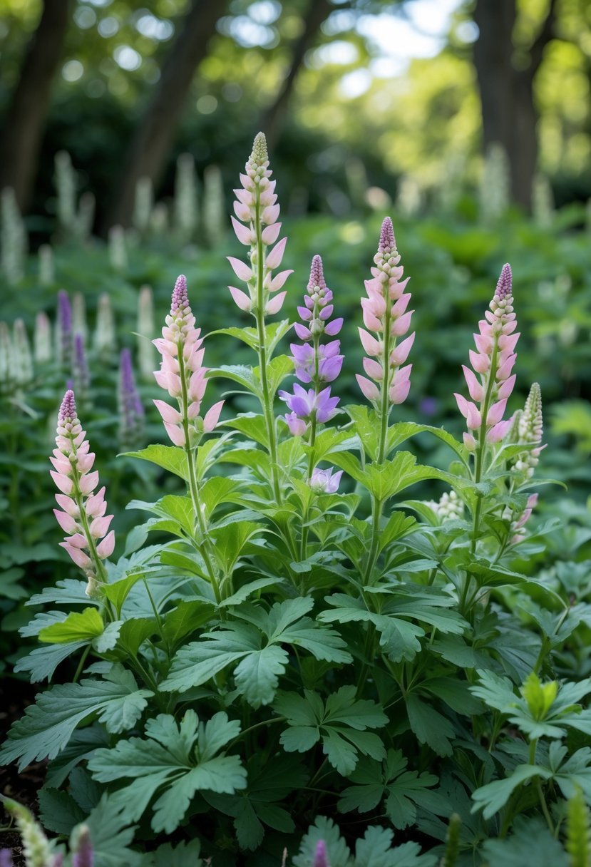 Close-up of Lamium (Dead Nettle) plants with green leaves and small pale pink and purple flowers growing in a shaded garden area.