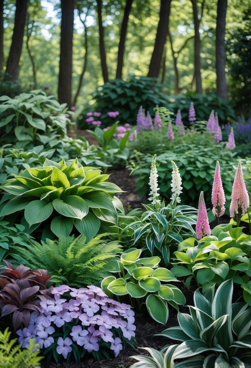 A shaded garden area filled with various colorful shade-loving flowers and green foliage under soft sunlight filtering through trees.