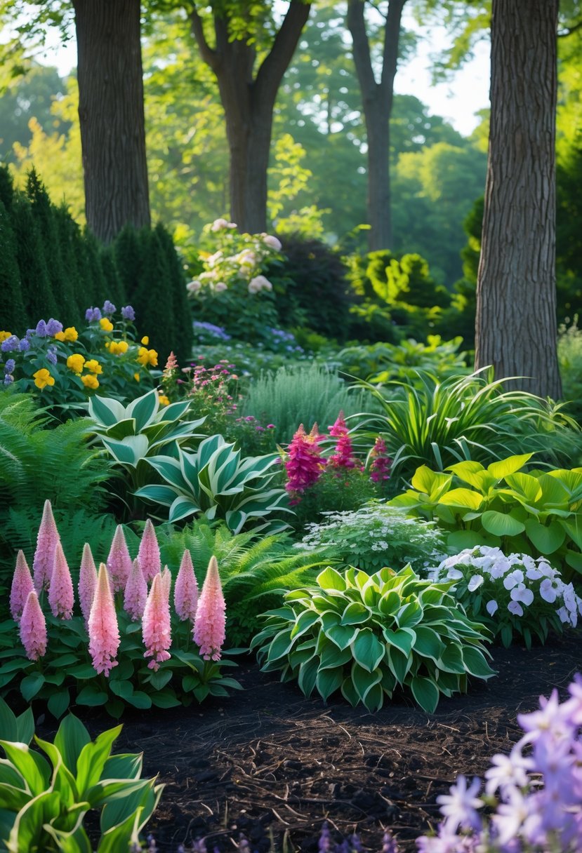 A shaded garden area filled with a variety of colorful shade-loving flowers and green plants under tall trees.