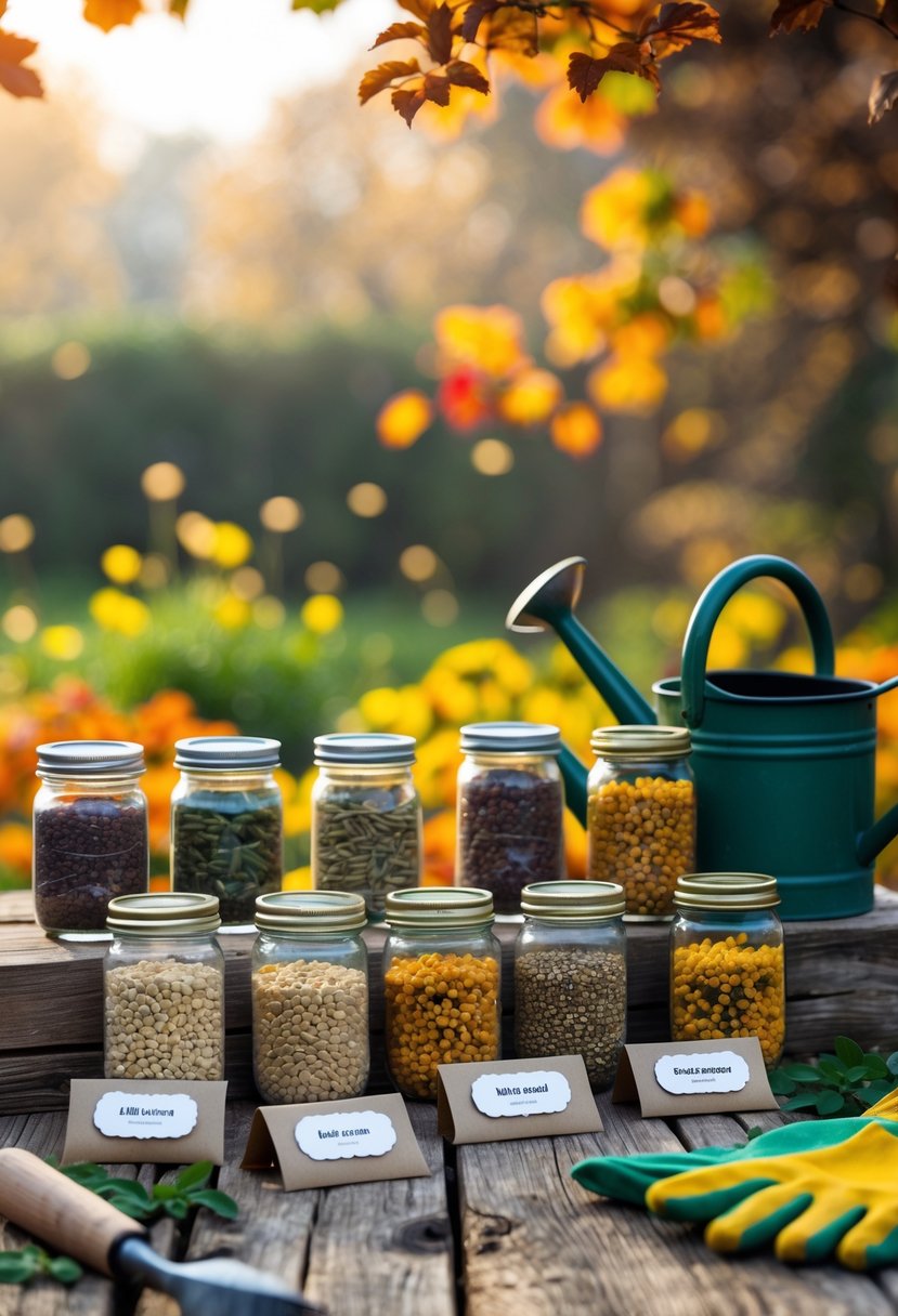 A collection of ten different flower seeds in small containers and envelopes on a wooden table with gardening tools and autumn leaves in the background.