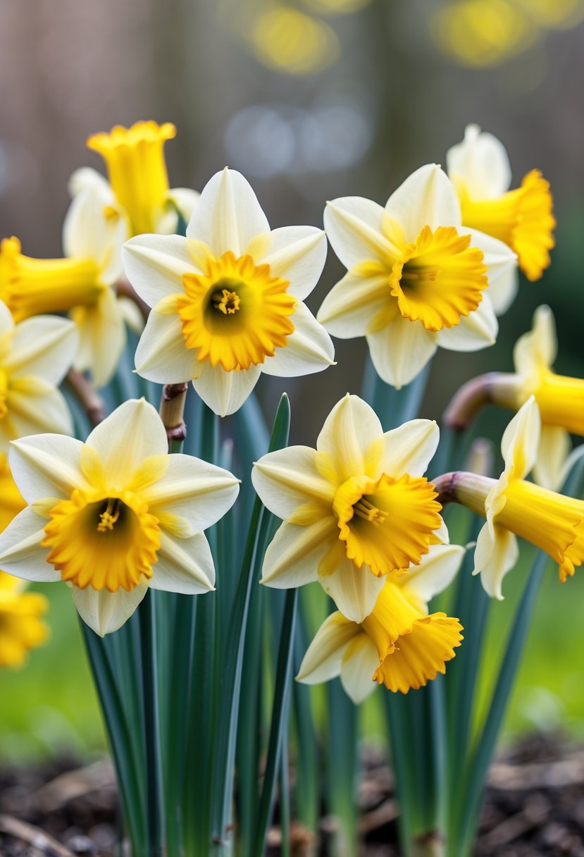 Ten bright yellow daffodil flowers blooming with green leaves in a garden.
