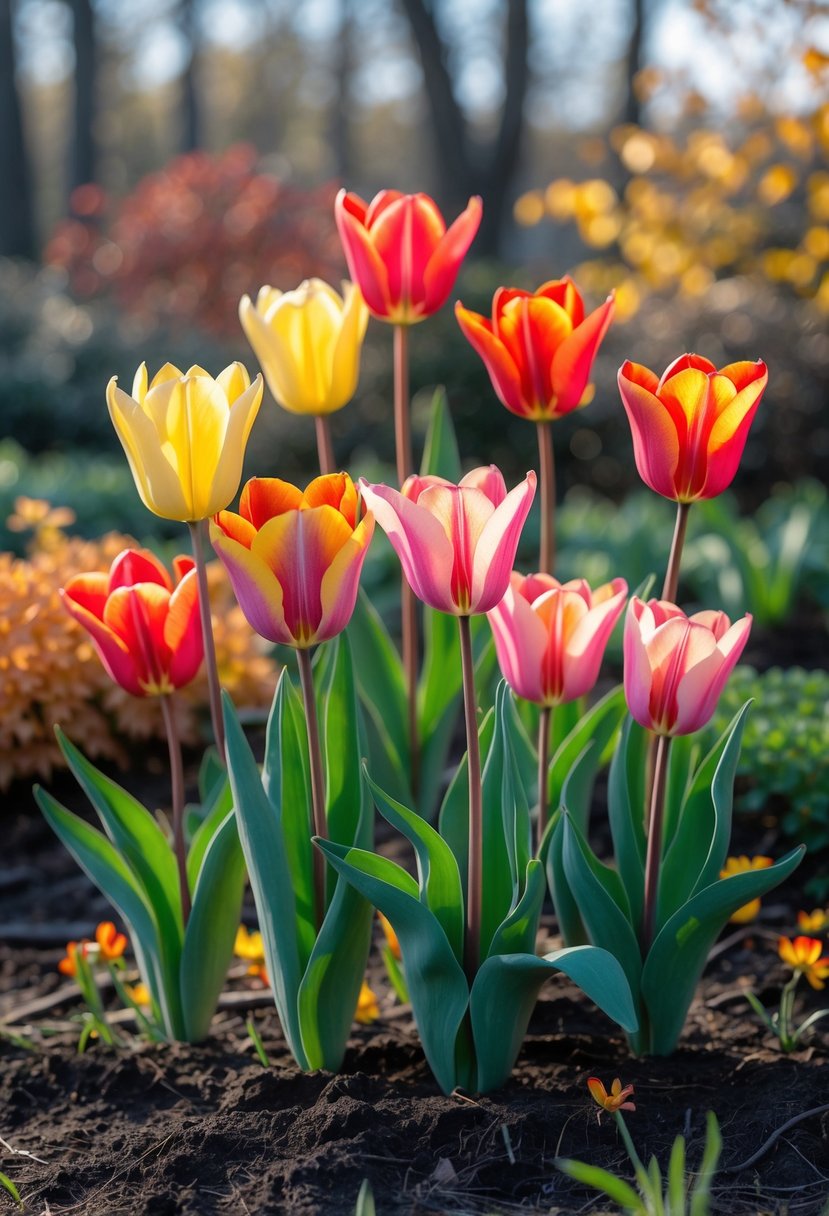Ten colorful tulip flowers blooming in a garden with green leaves and a blurred natural background.