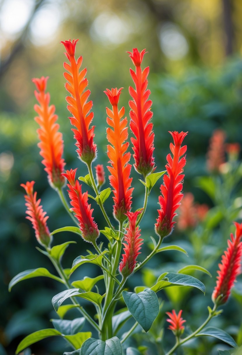 Close-up of bright orange and red Crocosmia flowers blooming on green stems in a garden.