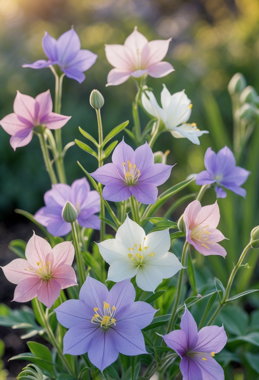 Ten blooming Columbine flowers in pastel colors among green leaves in a garden setting.