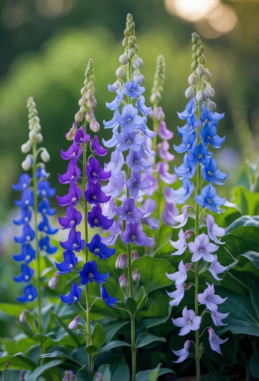 Ten blooming larkspur flowers with green leaves in a garden setting.