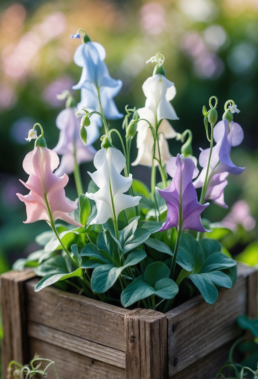 Ten colorful sweet pea flowers blooming in a wooden planter with green leaves and tendrils.