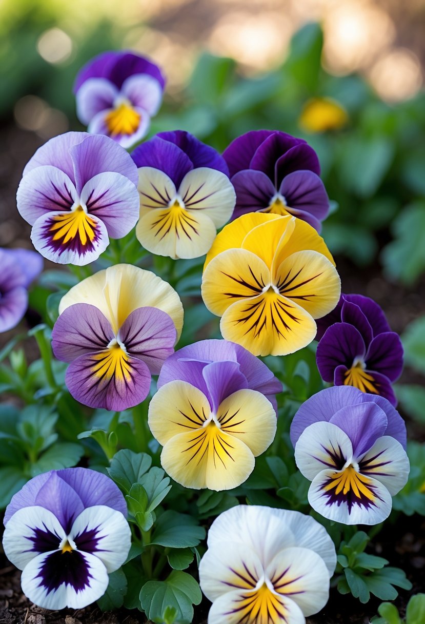 Close-up of ten colorful pansy flowers blooming with green leaves in the background.
