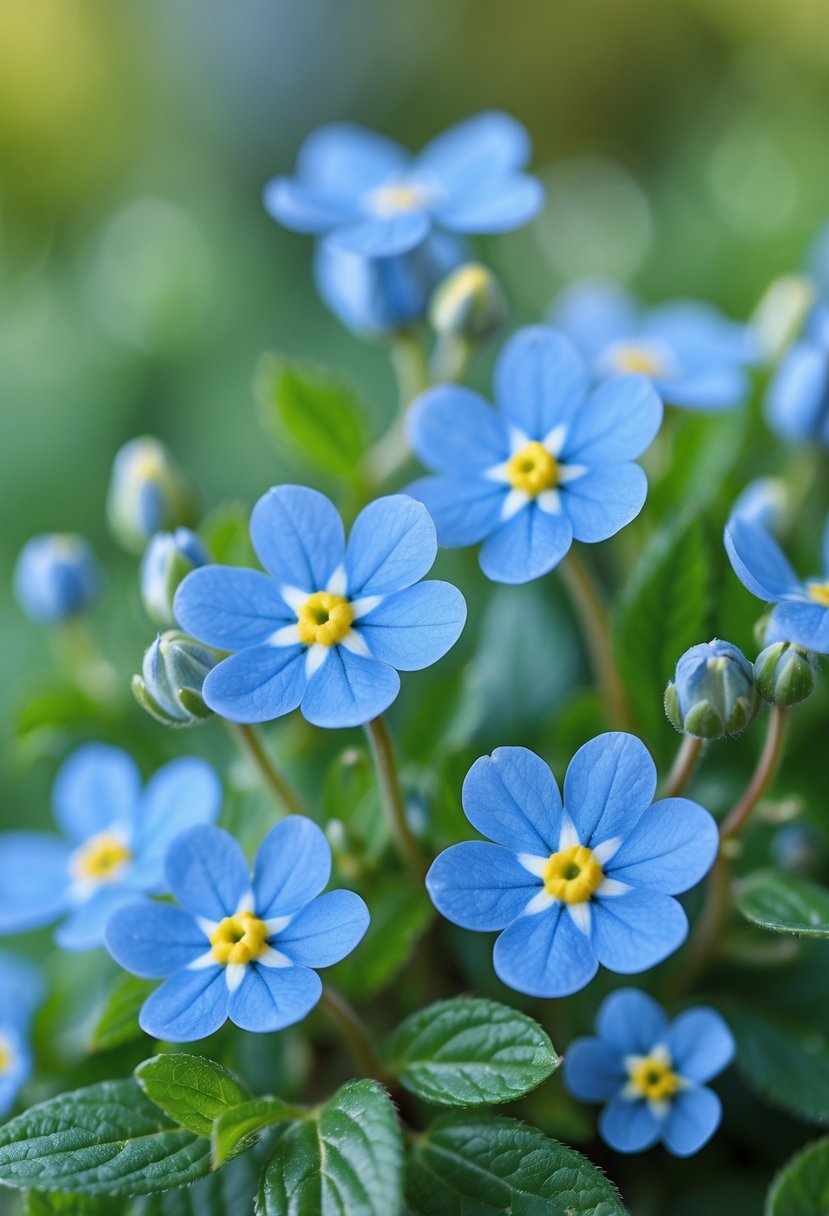 Close-up of ten blue Forget-Me-Not flowers with yellow centers surrounded by green leaves.