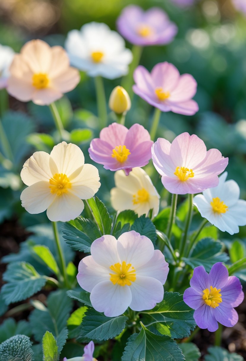 Close-up of ten colorful primrose flowers with green leaves in a garden setting.