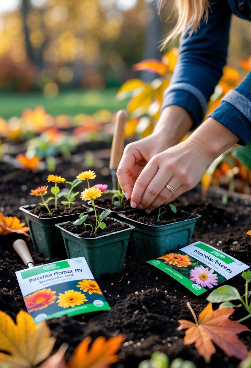 Hands planting flower seeds into small pots surrounded by fall leaves and gardening tools in an autumn garden.