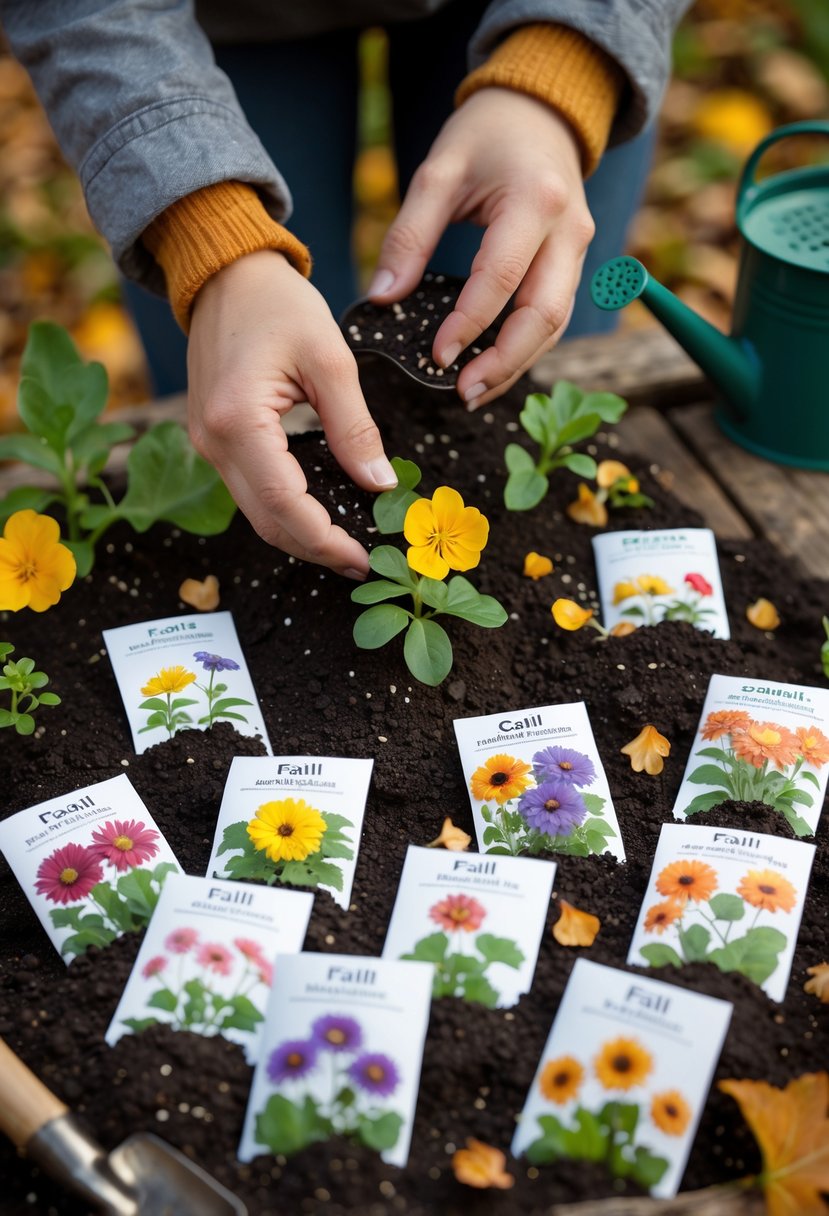 Hands sowing flower seeds into soil with seed packets and gardening tools on a wooden table during fall.